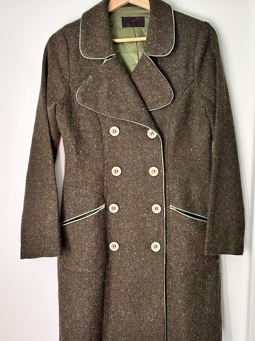 Women’s Double-Breasted Brown Tweed Pea Coat with Cream Piping